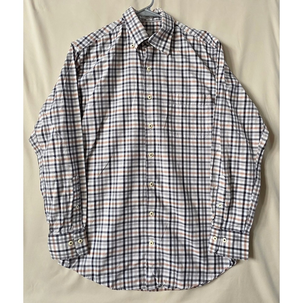 Peter Millar Mens Medium Plaid Button Down Shirt Brown Navy Cotton Long Sleeve